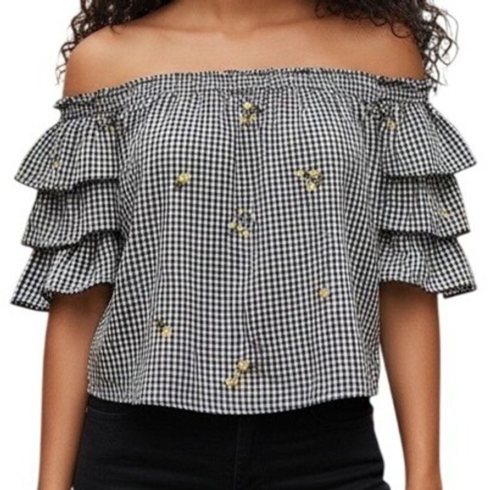 MAXSPORT Black White Gingham Off Shoulder Ruffle Sleeve Embroidered Top EUC XS